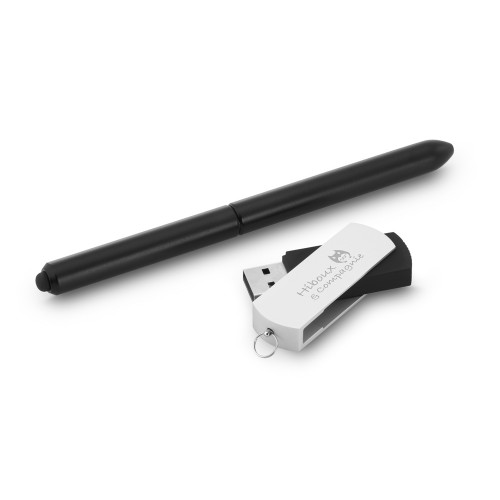 Conjunto esferográfica e pen drive